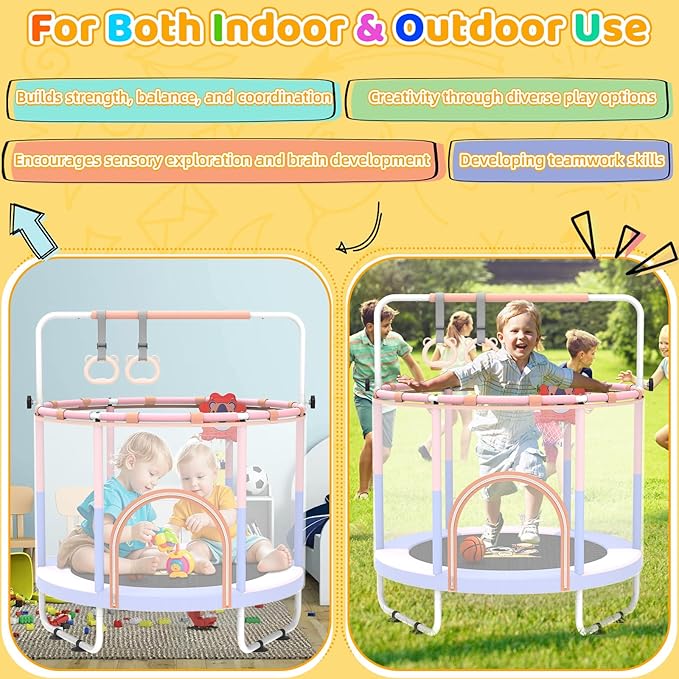 60'' Toddler Trampoline with Safety Enclosure Net, Trampoline for Kids Certified by ASTM USA 2-8 Year Old for Indoor, Lawn Garden-CubbioJoy