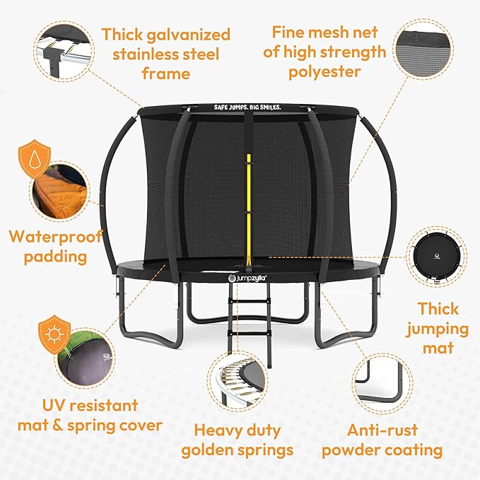 JUMPZYLLA Trampoline Outdoor 8FT 10FT 12FT 14FT 15FT 16FT with Enclosure and Ladder, ASTM Approved Recreational Trampoline for Kids and Adults, Anti-Rust Coated Frame-CubbioJoy