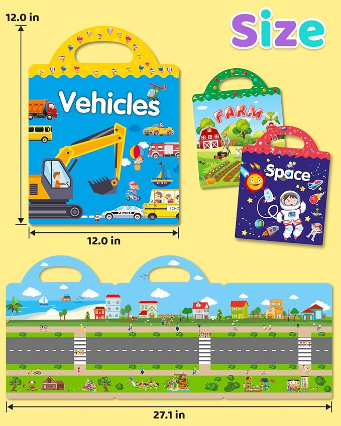 Benresive Reusable Sticker Books for Kids 2-4, Sticker Books for Toddlers 1-3 2-4, Toddler Travel Toys Activities Crafts Gifts - Farm, Space and Vehicle-CubbioJoy