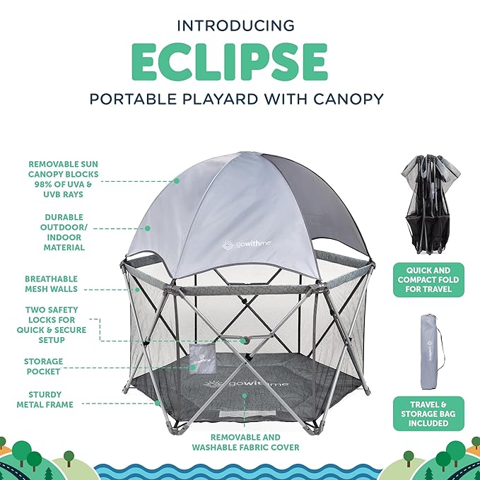 Baby Delight Go with Me Eclipse Deluxe Portable Playard | Playpen | Sun Canopy | Indoor and Outdoor | Ultra Padded Nylon Floor | Elephant Grey-CubbioJoy