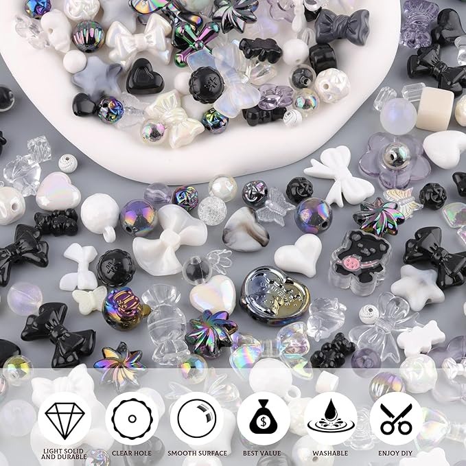 Assorted 170-230PCS Black Acrylic Beads for Bracelet Making, Flower Bow Butterfly Candy GummyBear Aesthetic Bracelet Charms,Cute Beads for Jewelry Making DIY Necklace Keychain Phone Charm-CubbioJoy