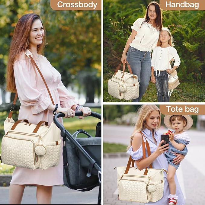 Diaper Bag Tote, Large Baby Diaper Bags Waterproof, Hospital Bag for Labor Delivery with Pacifier Case, Changing Pad, Shoulder Strap, Beige-CubbioJoy