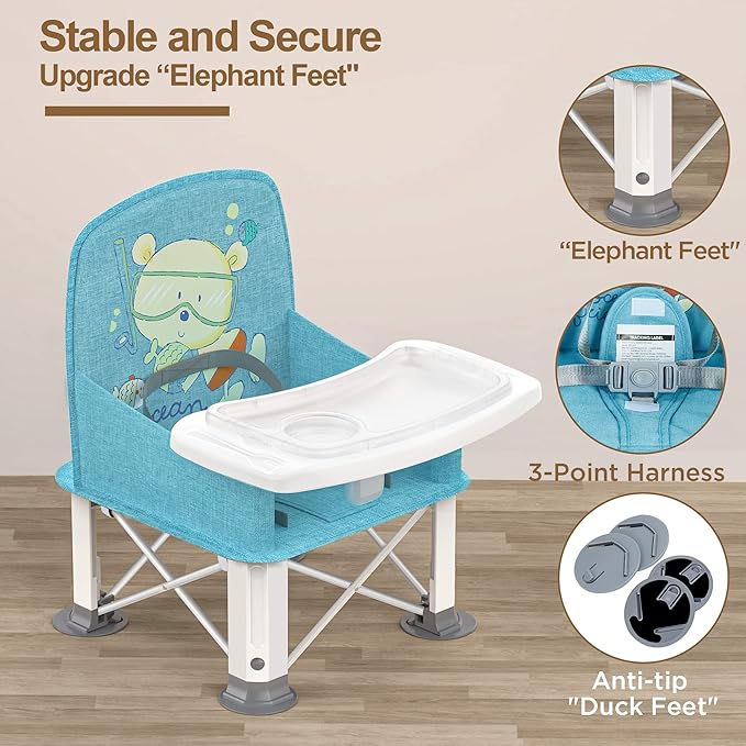 Baby Travel Booster Seat with Double Tray, BabyBond Upgraded Toddler Portable Baby Chair, Booster Seat for Dining Table, Stable and Foldable Booster Baby Chair for Indoor/Outdoor (Blue Sea World)-CubbioJoy