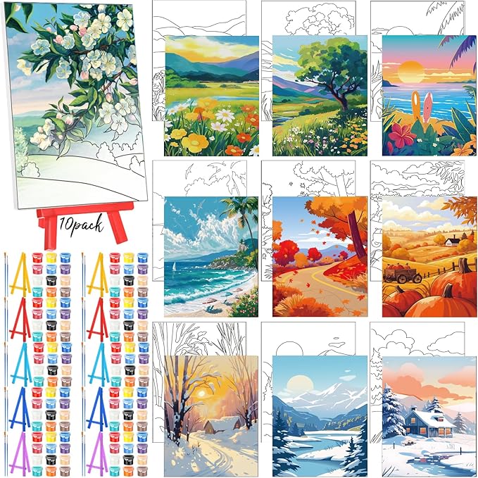 Blosssound 10 Set Pre Printed Canvas Pre Drawn Canvas Painting with Easel Kits 5" x 7" Outline Painting Panels for Beginners, DIY Craft Project, Party Favor, Home Decors(Four Seasons)-CubbioJoy