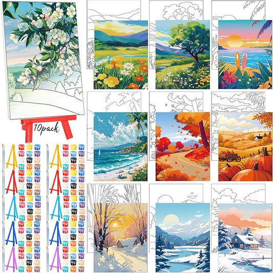 Blosssound 10 Set Pre Printed Canvas Pre Drawn Canvas Painting with Easel Kits 5" x 7" Outline Painting Panels for Beginners, DIY Craft Project, Party Favor, Home Decors(Four Seasons)-CubbioJoy