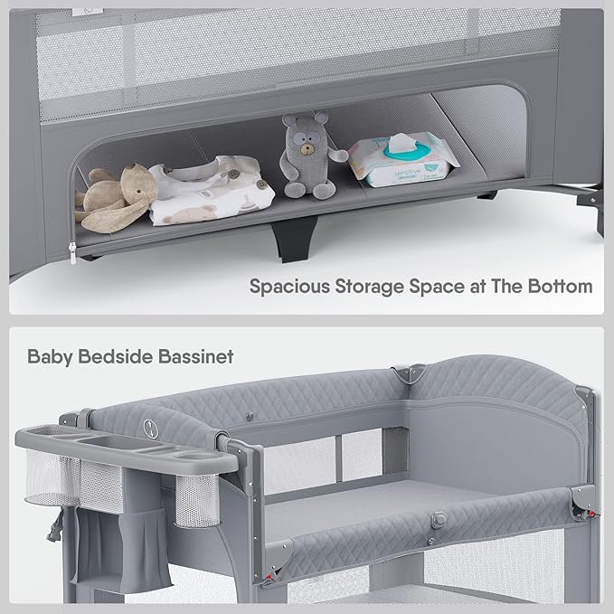 4 in 1 Baby Bassinet, Pack and Play, Bedside Crib Sleeper, Diaper Changer - Comes with Mattress, Mosquito Net，Bottom Storage and Toy Bar for Newborn to Toddles-CubbioJoy