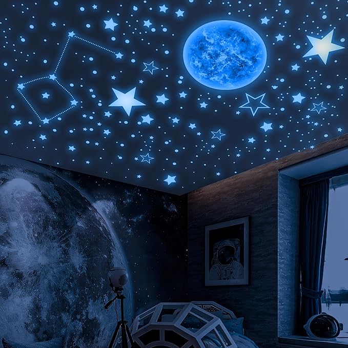 965 PCS Glow in The Dark Stars and Sun for Ceiling, Luminous Stars and Planet Wall Decals, Kids Room Decor, Glowing Galaxy Wall Stickers for Nursery Decorations (Blue)-CubbioJoy