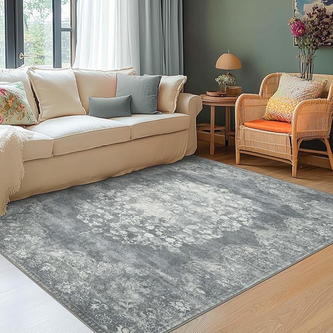 jinchan Vintage Floral 5x7 Area Rugs - Machine Washable Distressed Design Soft Ultra-Thin Low-Pile Non-Slip Carpet for Kitchen Bedroom Nursery Living Room Dining Room Home Office (5x7ft,Grey)-CubbioJoy