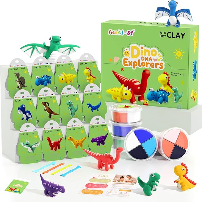 Air Dry Clay Kit - Dinosaur Theme, Modeling Clay for Kids, DIY Model Magic with Sculpting Tools and Tutorials, 12 Boxes Molding Clays, Ultra Light, Soft & Non-Toxic, Arts and Crafts Gift for Kids-CubbioJoy