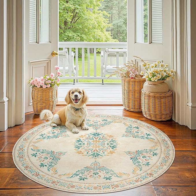 jinchan Round Rug 5ft Area Rugs Vintage Floral Distressed Design,Machine Washable Soft Non-Slip Low-Pile Ultra-Thin Circle Rug for Entryway Living Room Dining Room Bedroom (5' Round,Apricot Multi)-CubbioJoy