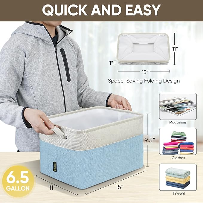 BALEINE 1 Pack Fabric Storage Bins for Shelves, Linen Storage Baskets for Organizing, Decorative Closet Bins for Clothes, Home (Skyblue, 15''x11''x9.5'')-CubbioJoy