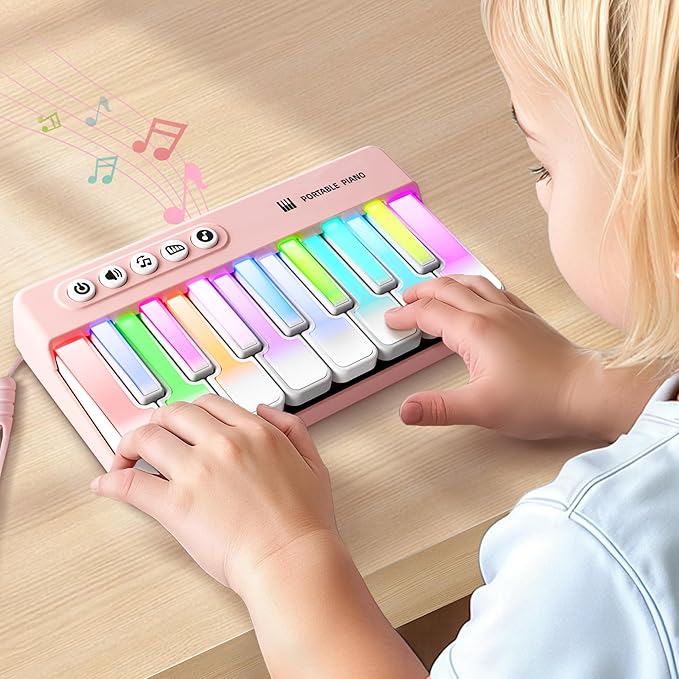 iPlay, iLearn Kids Mini Piano Toy W/Rainbow Lights, Portable Travel Piano Keyboard Toddlers Musical Instrument Learning Toys, Music Interactive Birthday Gift for 2 3 4 5 6 Year Old Girls Children-CubbioJoy