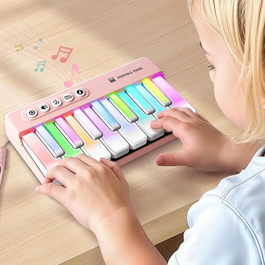 iPlay, iLearn Kids Mini Piano Toy W/Rainbow Lights, Portable Travel Piano Keyboard Toddlers Musical Instrument Learning Toys, Music Interactive Birthday Gift for 2 3 4 5 6 Year Old Girls Children-CubbioJoy