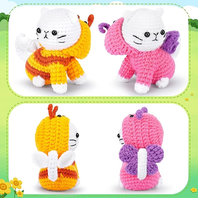 Crochet Kit for Beginners, 2PCS Cats Dressed as Bee and Butterfly Crochet Kits with Step-by-Step Video Tutorials, Beginner Crochet Kits for Kids and Adults, Animal Crocheting Kit for Starters-CubbioJoy