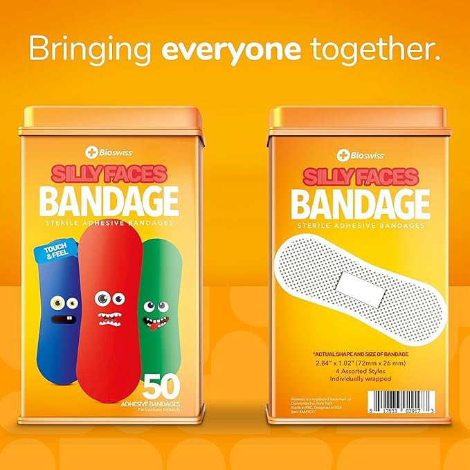 BioSwiss Bandages, Silly Faces Shaped Self Adhesive Bandage, Latex Free Sterile Wound Care, Fun First Aid Kit Supplies for Kids, 50 Count-CubbioJoy