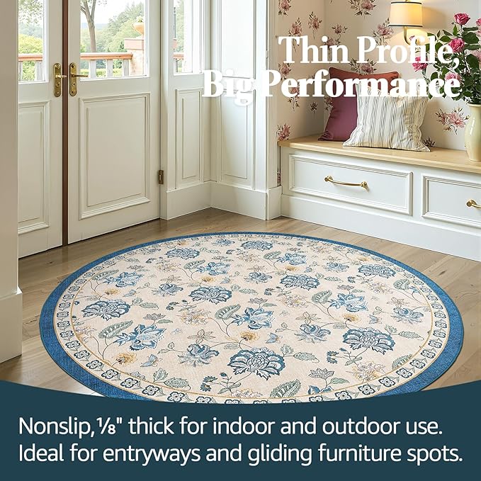 jinchan 5ft Floral Round Rug for Entryway Washable Kitchen Rug Vintage Romance Design Non Slip Indoor Doormat Lightweight Low-Profile Throw Carpet for Living Room Dining Room Bedroom, Blue/Beige-CubbioJoy