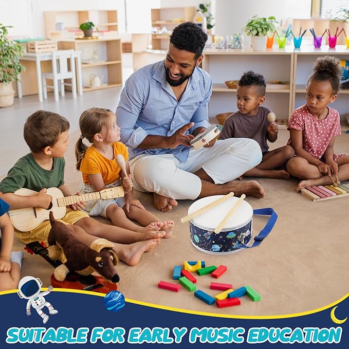 Boao 1 Pc Kids Drum Set, 8 Inch Toddler Drum Wooden Toy with Adjustable Strap and 4 Drumsticks, Educational Sensory Musical Instrument for Toddlers Kid Baby Boys Girls Gift (Space)-CubbioJoy