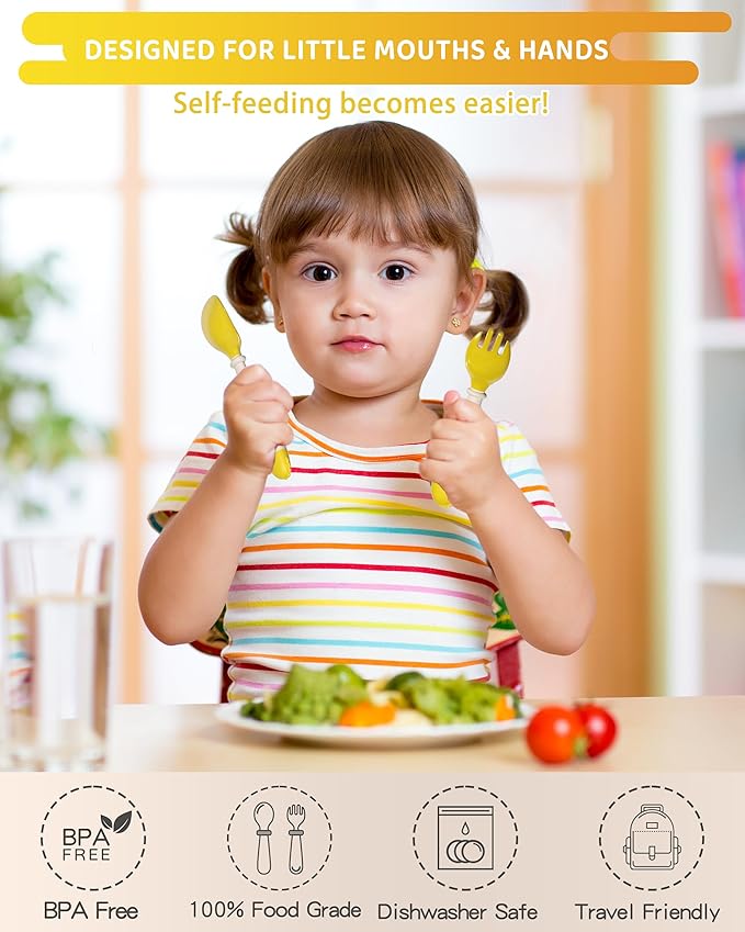 Deejoy Toddler Utensils, Self-feeding Flatware Set withTravel Case, Baby Spoons and Forks with Silicone Bendable Handle, Easy Grip Heat-Resistant, Ideal for Kids, Stage 2 (Yellow)-CubbioJoy