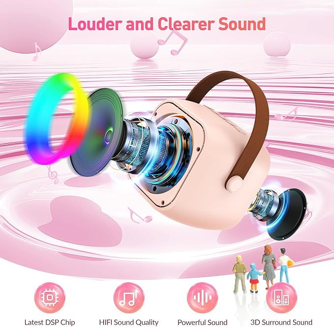 Karaoke Machine for Kids Adults, Mini Portable Bluetooth Karaoke Speaker with 2 Wireless Microphone and Lights, Christmas Birthday Gifts for Girls Ages 4, 5, 6, 7, 8, 9, 10, 12+ Family Home Party-CubbioJoy