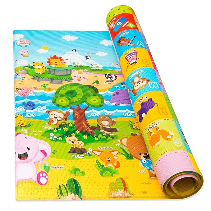 Baby Care Play Mat (Medium, Playful - Pinko & Friend) 73’’ x 49’’ Original One-Piece Reversible Rollable Waterproof Play Mat for Infants, Babies, Toddler, and Kids-CubbioJoy