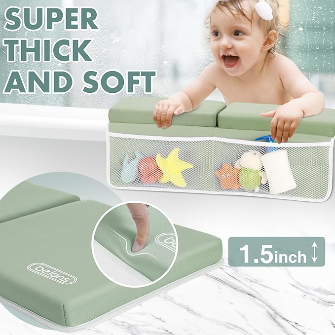 beiens Bath Kneeler and Elbow Rest Pad Set - 1.5'' Comfortable Thick Baby Bath Kneeler Pads, Quick Dry Soft Kneeling Pad for Baby Bath Time, Non-Slip Knee& Arm Support Bathtub Mat with Toys Organizer-CubbioJoy
