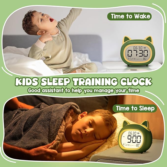 Kids Alarm Clock with Night Light for Kids, Small Digital Alarm Clocks for Bedrooms, Routine Builder, Cute Cat Alarm Clock with Sleep Training, Snooze, 12/24H, Date & Day, Temperature, USB Port-CubbioJoy