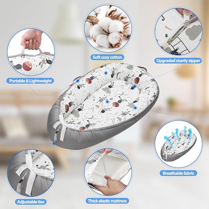 Baby Lounger - Breathable & Soft Baby Nest, Portable and Lightweight Tummy Time Lounger for Home and Travel, Ideal Newborn Babies Essentials Baby Shower Gifts-CubbioJoy