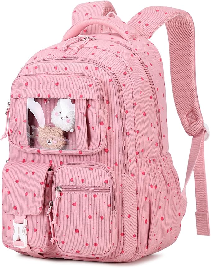Corduroy Backpack Kids Backpack for Girls School Bags for Middle School Students Book Bag for Elementary Primary Kawaii Ita Backpack, Pink Strawberry-CubbioJoy
