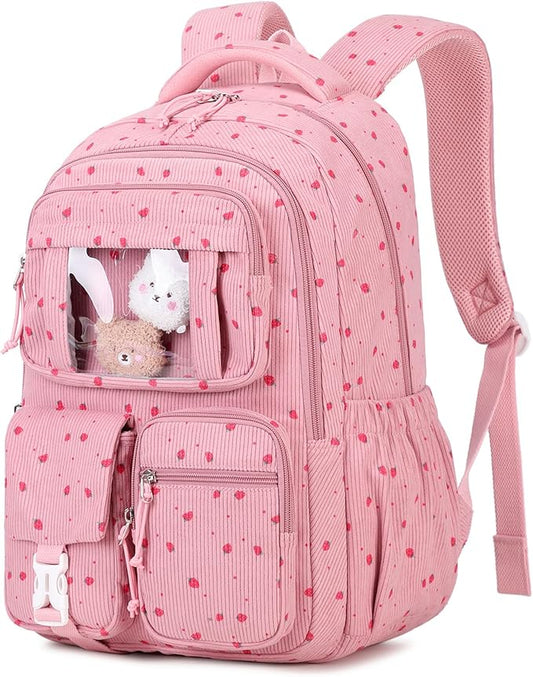 Corduroy Backpack Kids Backpack for Girls School Bags for Middle School Students Book Bag for Elementary Primary Kawaii Ita Backpack, Pink Strawberry-CubbioJoy