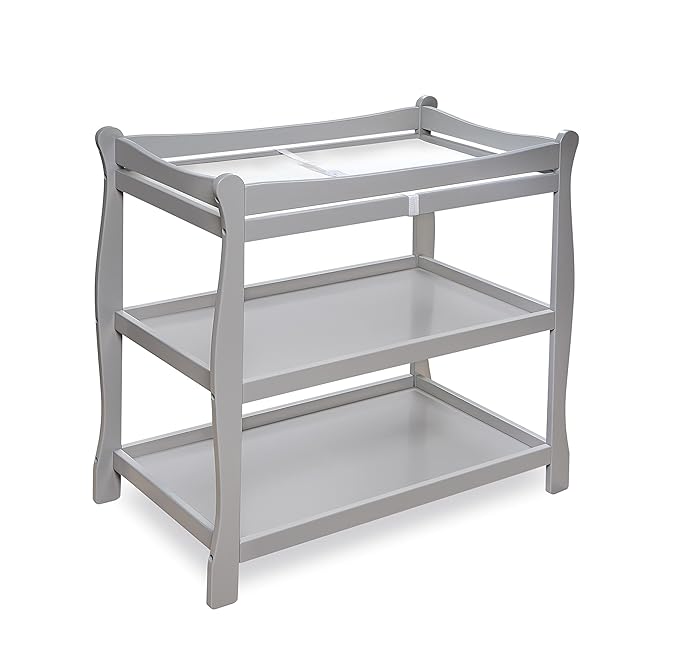 Badger Basket Sleigh Style Baby Changing Table - Nursery Diaper Station with Safety Rails, Foam Pad, and Two Storage Shelves - Nursery Organizer - Gray-CubbioJoy