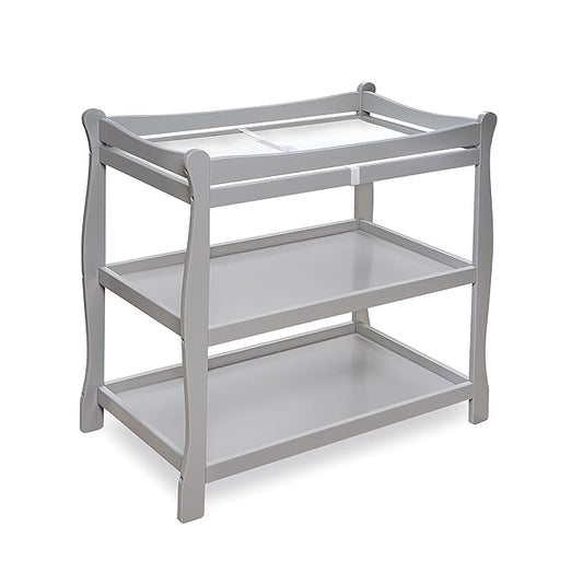 Badger Basket Sleigh Style Baby Changing Table - Nursery Diaper Station with Safety Rails, Foam Pad, and Two Storage Shelves - Nursery Organizer - Gray-CubbioJoy