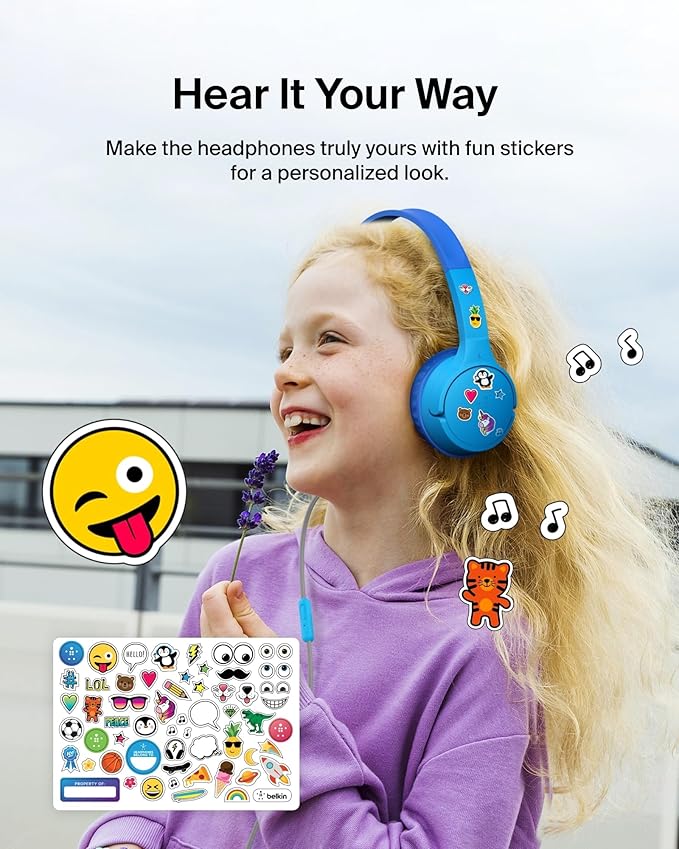 Belkin SoundForm Mini Kids Wired Headphones w/USB C to 3.5mm Dongle, Built-in Mic & Fun Stickers, 85dB Max Volume – for Online Learning, Travel, Compatible w/iPhone 16, iPad, Galaxy S25, etc - Blue-CubbioJoy
