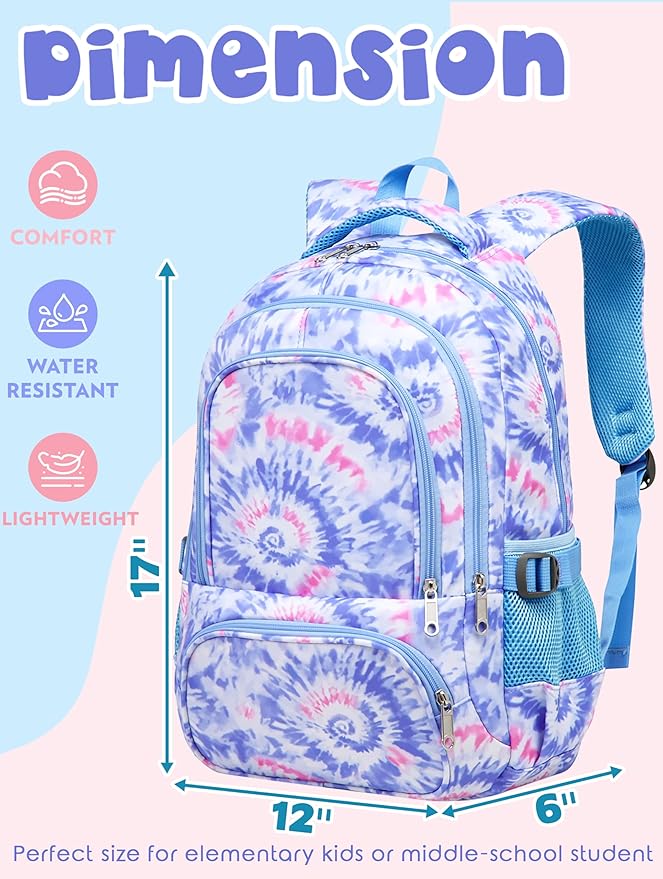 BLUEFAIRY Kids Backpack for Girls Elementary Primary Middle School Bags for Aged 8-10 for Teens Childs Bookbags Back to School Book Bags Cute Mochilas para Niñas Tie-dye Violet-CubbioJoy