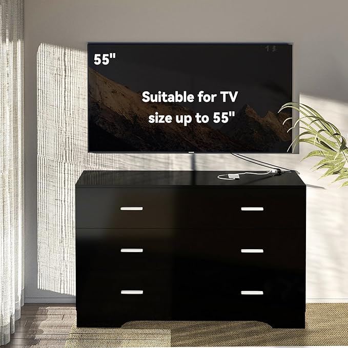 Dresser with Power Outlets Wooden 6 Drawer Dresser with USB and Type C Port Chest of Drawers for Bedroom Tall Black Organizer Storage for Living Room Hallway Closet-CubbioJoy