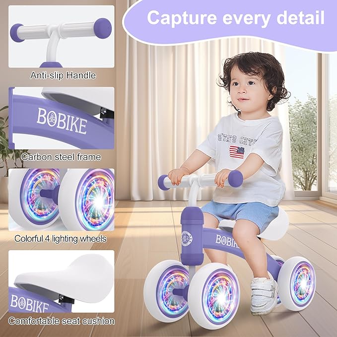 Baby Balance Bike Toys for 12-36 Months Kids Toy Boy and Girls Gifts Toddler Best First Birthday Gift Children Walker No Pedal Infant 4 Wheels Bicycle (Colorful, Purple-Light)-CubbioJoy