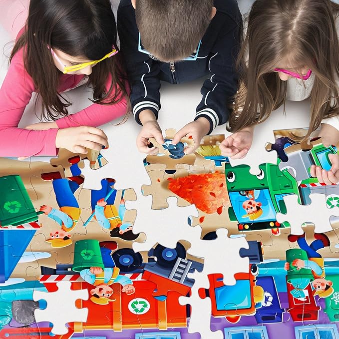 Jumbo Floor Puzzle for Kids,Recycling Garbage Truck Jigsaw Large Puzzles,48 Piece Trash Truck Vehicle Puzzle for Toddler Ages 3-5,Children Learning Preschool Educational Toys,Gift for 4-8 Years Old-CubbioJoy