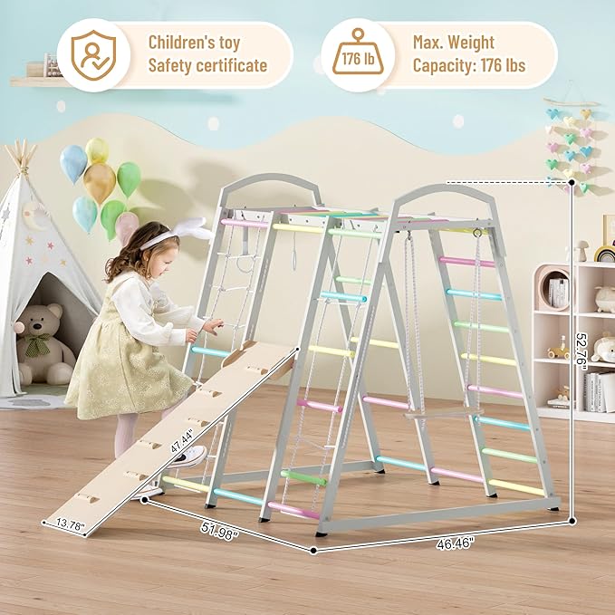 JAXPETY 9-in-1 Indoor Playground, Indoor Jungle Gym for Kids, Toddler Montessori Climbing Gym, Inside Play Gym with Slide, Swing, Monkey Bar, Ladder, Rings-CubbioJoy