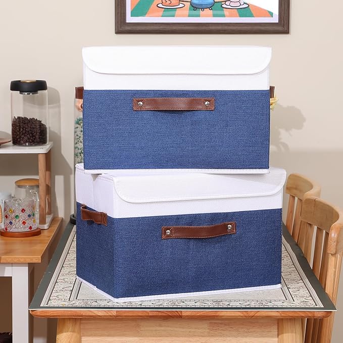 ANMINY 4PCS Storage Boxes with Lid Washable Decorative Storage Bin Basket with PU Leather Handle Foldable Linen Fabric Storage Cube Container for Home Closet Organizer - Deep Blue White, Large Size-CubbioJoy