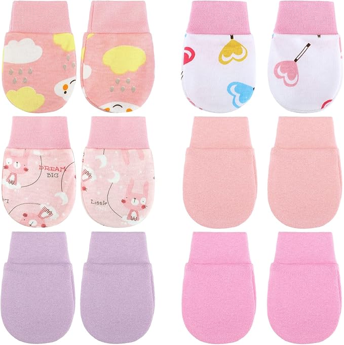 6 Pairs Newborn Baby Mittens No Scratch Gloves Infant Toddler Anti Scratch Essentials Unisex Cotton for 3-9 Months Girls Boys(Pink Series, Cute)-CubbioJoy