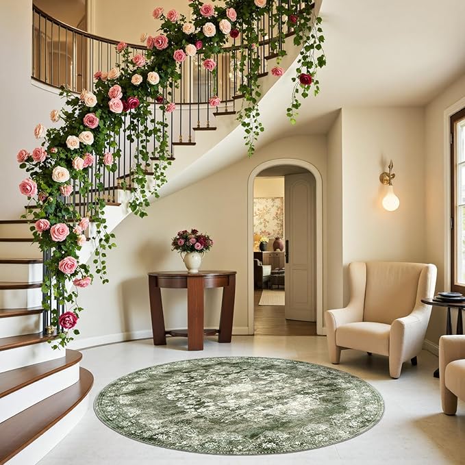 jinchan Round Rug 5ft Area Rug - Green Vintage Floor Mat Kitchen Indoor - Washable Circle 5' Thin Floral Print Carpet Retro Farmhouse Non Slip Dining Room Living Room Bedroom Office-CubbioJoy