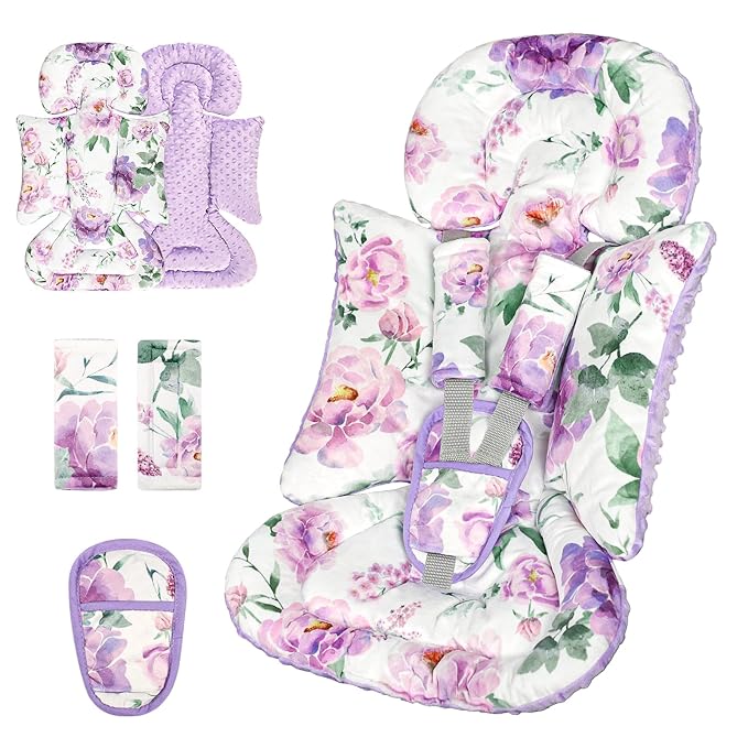 Infant Car Seat Insert, Soft Baby Car Seat Head & Body Support for Girl Boy, Reversible Newborn Preemie Carseat Insert Cushion with 3 Straps Pads Fits CarSeat, Stroller, Swing, Bouncer, Purple Floral-CubbioJoy