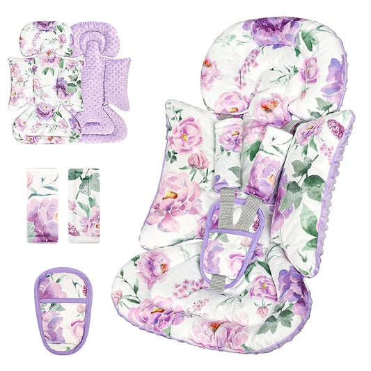 Infant Car Seat Insert, Soft Baby Car Seat Head & Body Support for Girl Boy, Reversible Newborn Preemie Carseat Insert Cushion with 3 Straps Pads Fits CarSeat, Stroller, Swing, Bouncer, Purple Floral-CubbioJoy