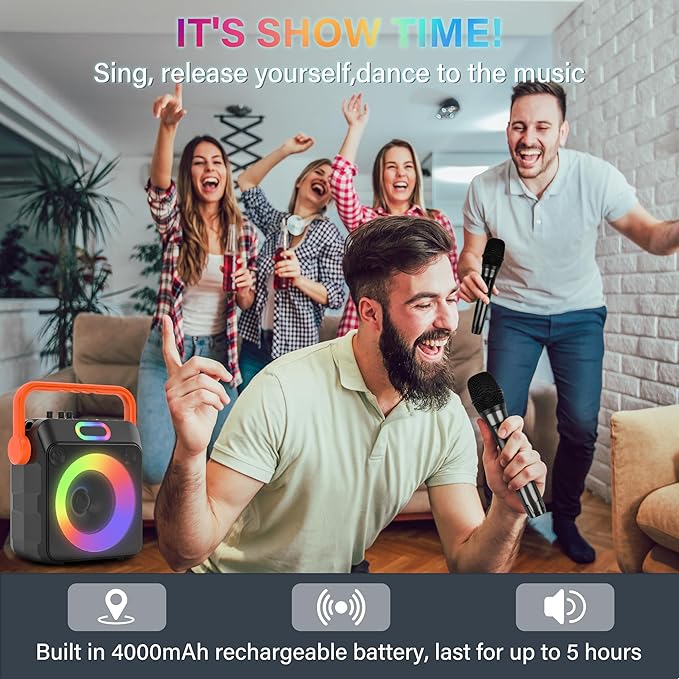 Karaoke Machine with 2 Wireless Microphones, Karaoke Machine for Adults & Kids, Portable Bluetooth Karaoke Speaker with Bass/Treble Adjustment, PA System, LED Lights, Supports TWS/USB/TF/REC/FM/AUX-CubbioJoy