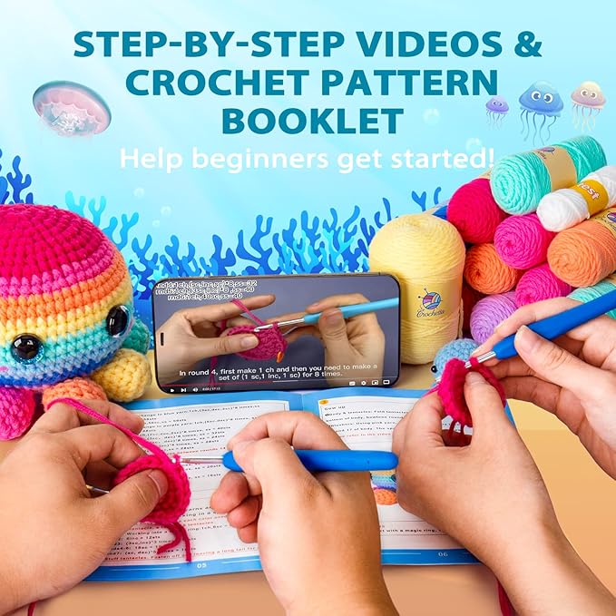 Crochetta Crochet Kit for Beginners, Crochet Kit Step-by-Step Video Tutorials, Crochet Starter Kit Learn to Crochet Kits for Adults Kids Beginners, Jumbo 3 Colorful Octopus Familly (40%+ Yarn Content)-CubbioJoy