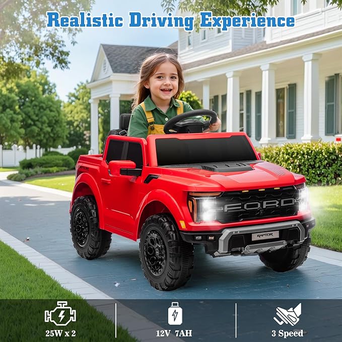 12V Ride on Car Licensed Ford F-150 Raptor, Kids Electric Car with Remote Control, LED Light/Music/MP3, Truck Bed Storage, 3-Point Seat Belt (12V, Red)-CubbioJoy