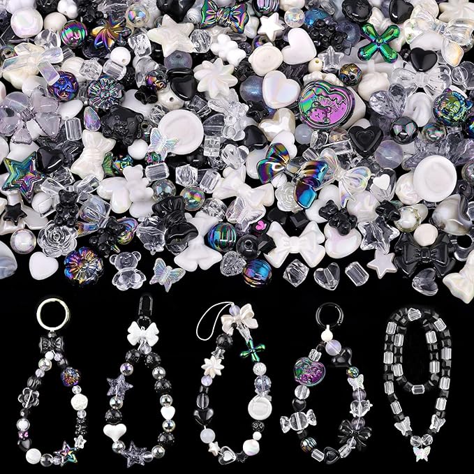 Assorted 170-230PCS Black Acrylic Beads for Bracelet Making, Flower Bow Butterfly Candy GummyBear Aesthetic Bracelet Charms,Cute Beads for Jewelry Making DIY Necklace Keychain Phone Charm-CubbioJoy
