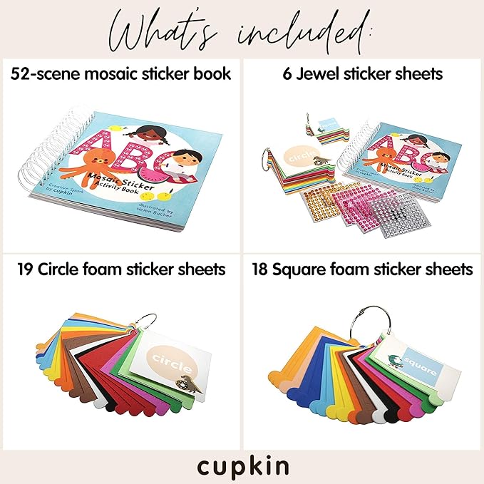 Cupkin Mosaic Sticker Art Kits for Kids and Adults, ABC Mosaics Art Craft Kit for Boys and Girls, 52 Page Sticker by Number Mosaic Kit with 3,000+ Jewel + Foam Stickers, Kids Coloring Book-CubbioJoy