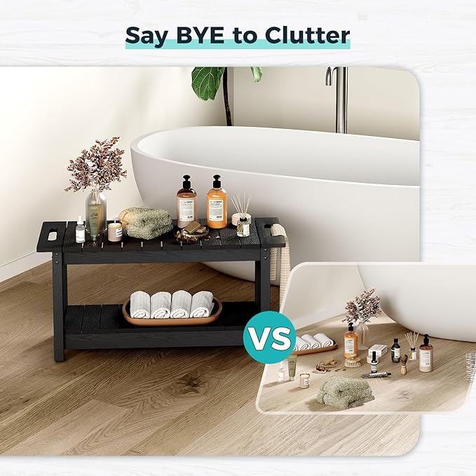 35" Shower Bench, Waterproof Poly Lumber Shower Stool for Shaving Legs, Shower Chair Seat Holds up to 400lbs, Bathroom Bench for Inside Shower, Non-Slip (Black)-CubbioJoy