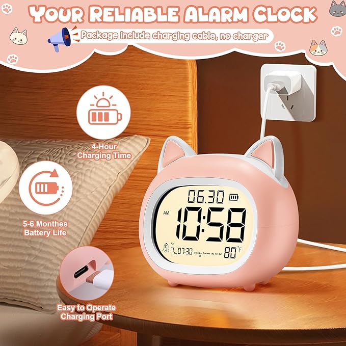 Kids Alarm Clock with Night Light for Kids, Small Digital Alarm Clocks for Bedrooms, Routine Builder, Cute Cat Alarm Clock with Sleep Training, Snooze, 12/24H, Date & Day, Temperature, USB Port-CubbioJoy