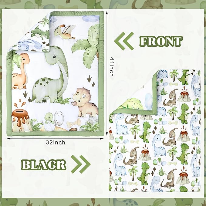 3 Pcs Baby Crib Bedding Set Safari Animals Dinosaurs Bear Woodland Animals Jungle Crib Set Includes Quilt, Fitted Sheet, Skirt for Baby Boy Girl(Green,Dinosaur)-CubbioJoy